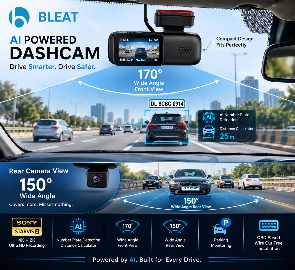 BLEAT AI Car Dash Camera – 4K Front + 2K Rear, WiFi & 24H Parking Monitoring